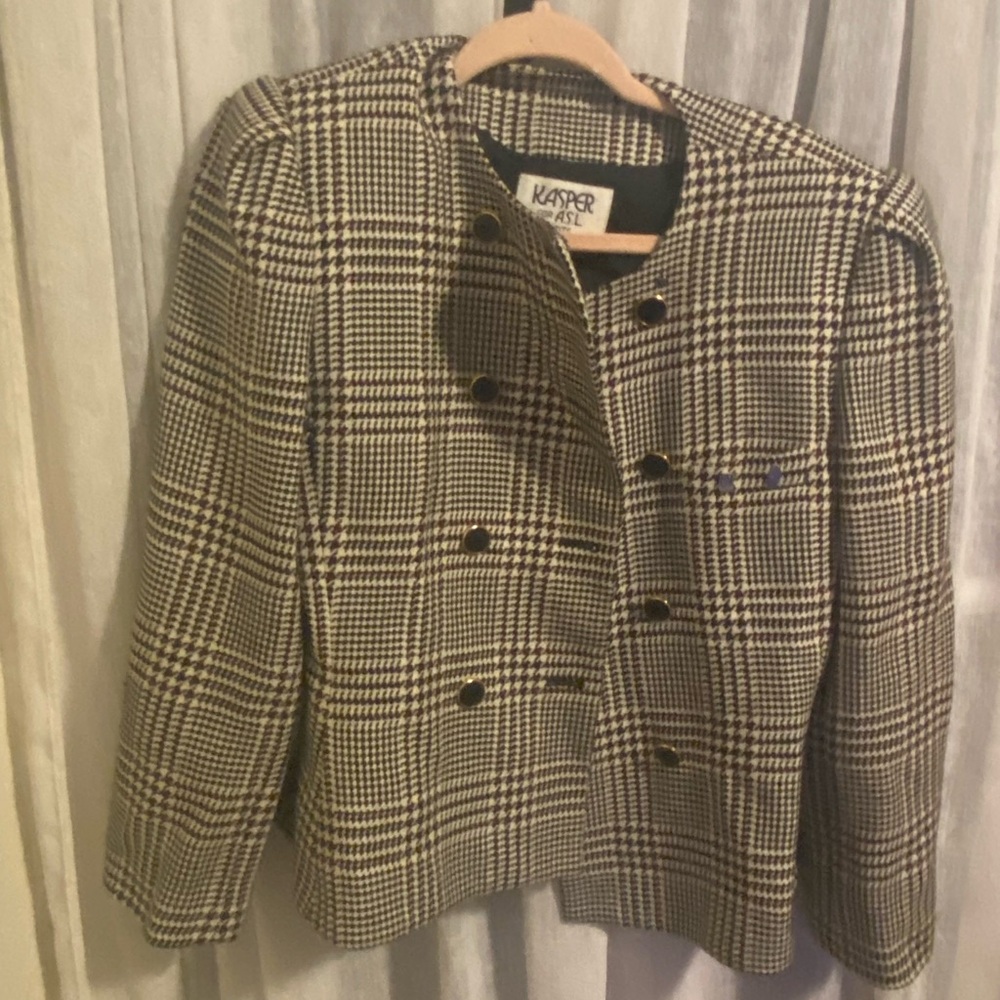 Kasper houndstooth Vintage Double Breasted Cropped Blazer w. Shoulder pads
